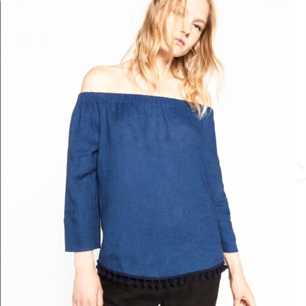ZARA blue off shoulder linen blouse XS